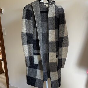 Plaid Check Hooded Sweater Jacket in Black and Gray